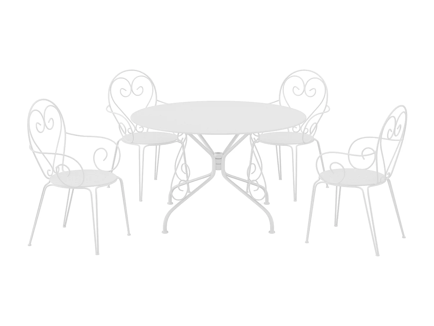 Garten-Essgruppe: Tisch D. 120 cm + 4 stapelbare Sessel - Metall in Eisenoptik - Weiß - GUERMANTES von MYLIA