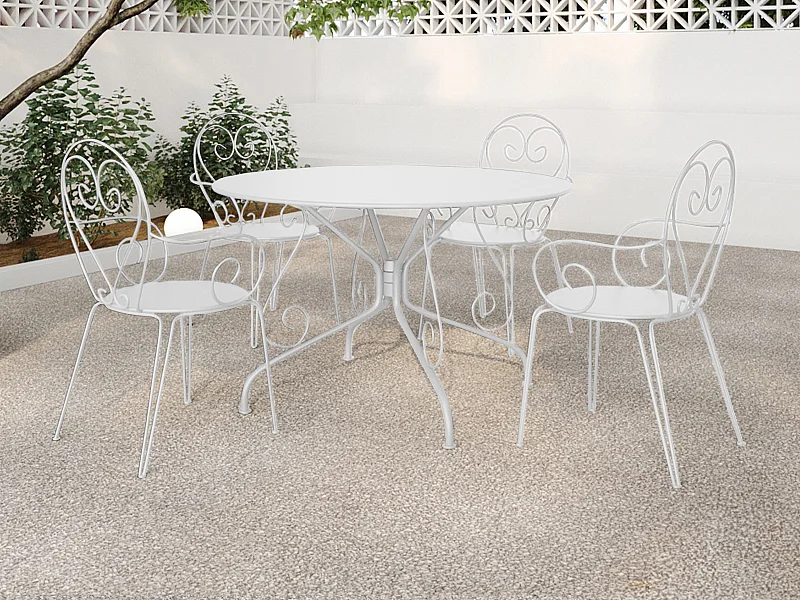 Metalen tuineethoek met gietijzeren stijl: een tafel D120 cm en 4 opstapelbare fauteuils - Wit - GUERMANTES van MYLIA