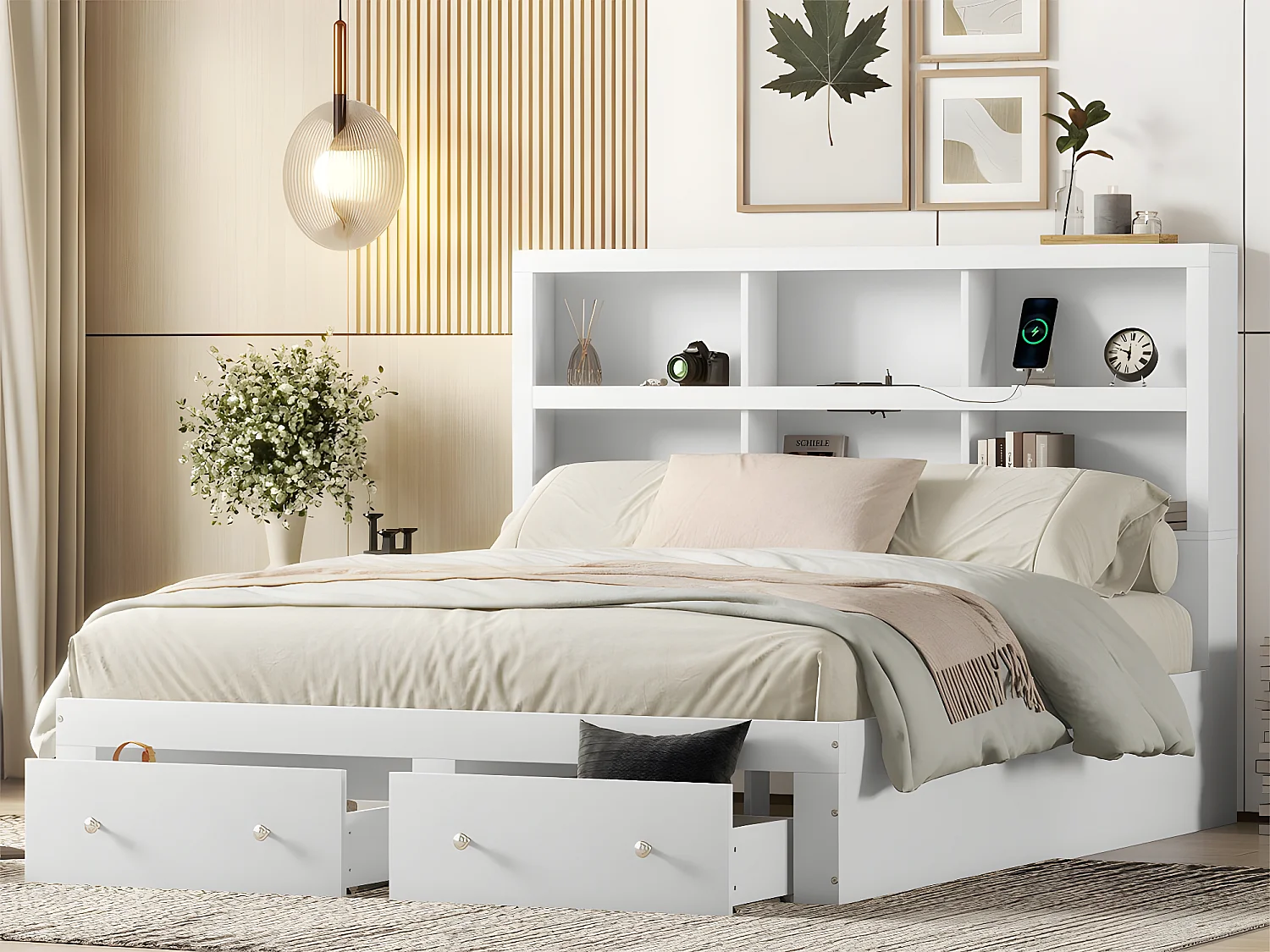 160 x 200 cm großes Massivholzbett mit Schubladen und Stauraum-Kopfteil – mit Lattenrost – Weiß