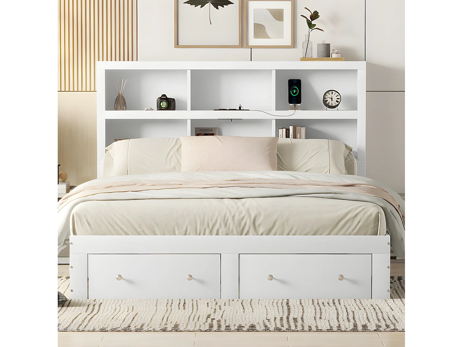 160 x 200 cm großes Massivholzbett mit Schubladen und Stauraum-Kopfteil – mit Lattenrost – Weiß