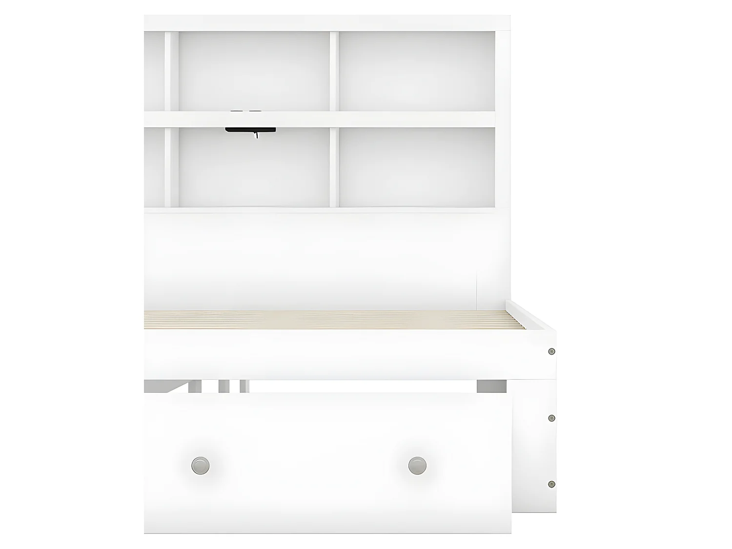 160 x 200 cm großes Massivholzbett mit Schubladen und Stauraum-Kopfteil – mit Lattenrost – Weiß