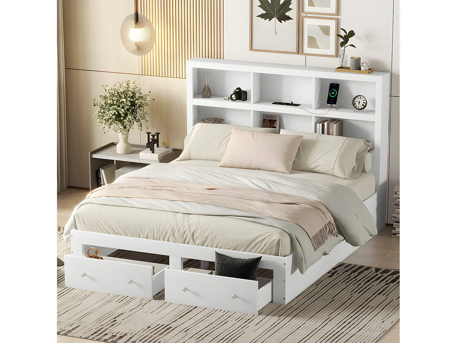 Lit double 160x200cm en bois massif avec tiroirs et tête de rangement - sommier à lattes - Blanc