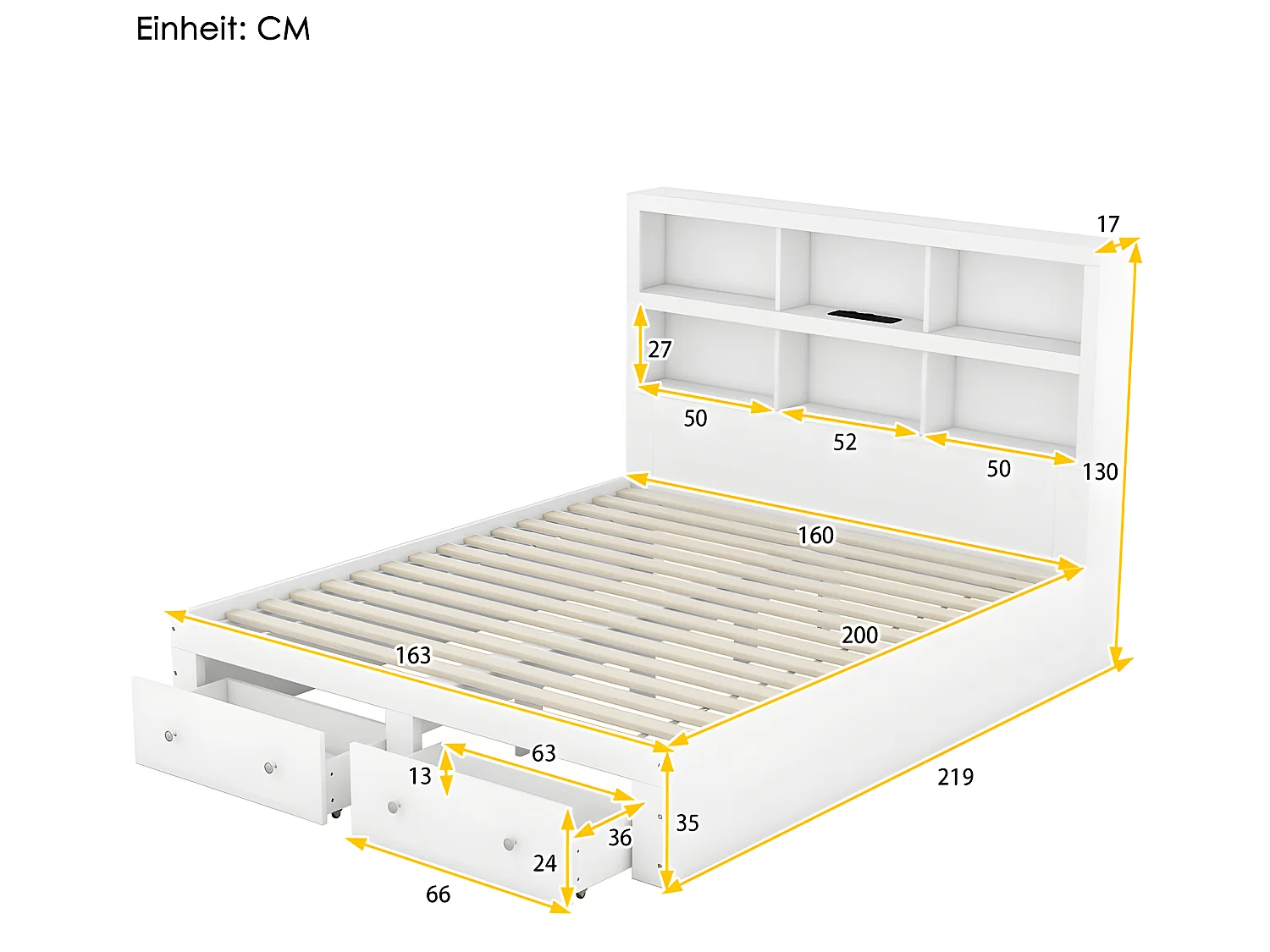 Lit double 160x200cm en bois massif avec tiroirs et tête de rangement - sommier à lattes - Blanc