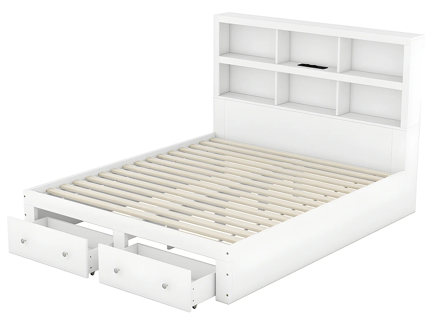Lit double 160x200cm en bois massif avec tiroirs et tête de rangement - sommier à lattes - Blanc