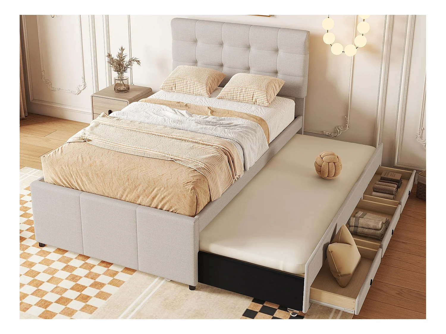 Lit rembbourré 90x200cm avec lit gigogne 90x190cm - en tissu lin - avec 3 tiroirs et sommier à lattes - Beige