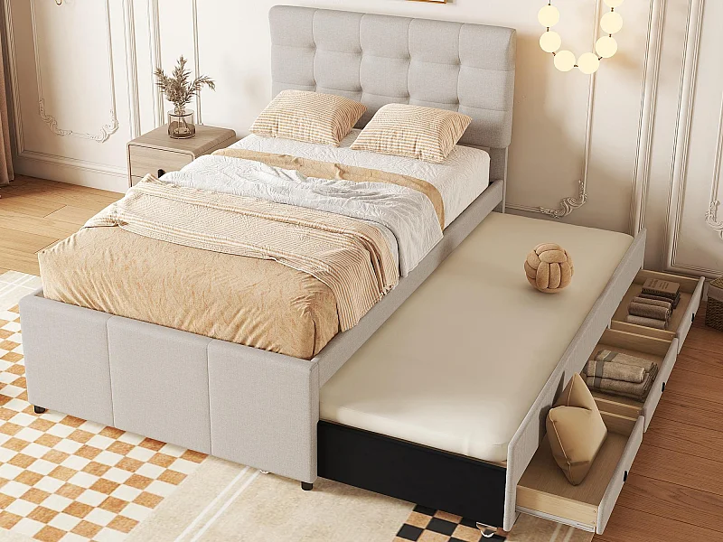 Gestoffeerd bed 90x200cm met onderschuifbed 90x190cm - in linnenstof - met 3 lades en lattenbodem - Beige