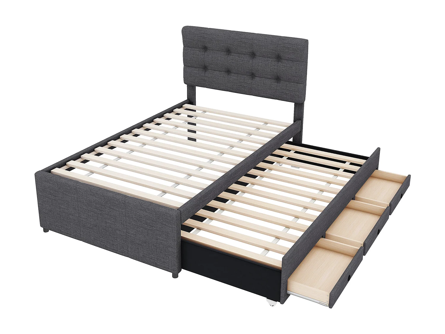 Gestoffeerd bed 90x200cm met onderschuifbed 90x190cm - in linnenstof - met 3 lades en lattenbodem - Grijs