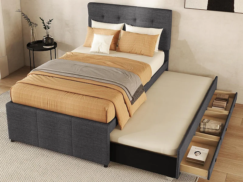 Gestoffeerd bed 90x200cm met onderschuifbed 90x190cm - in linnenstof - met 3 lades en lattenbodem - Grijs