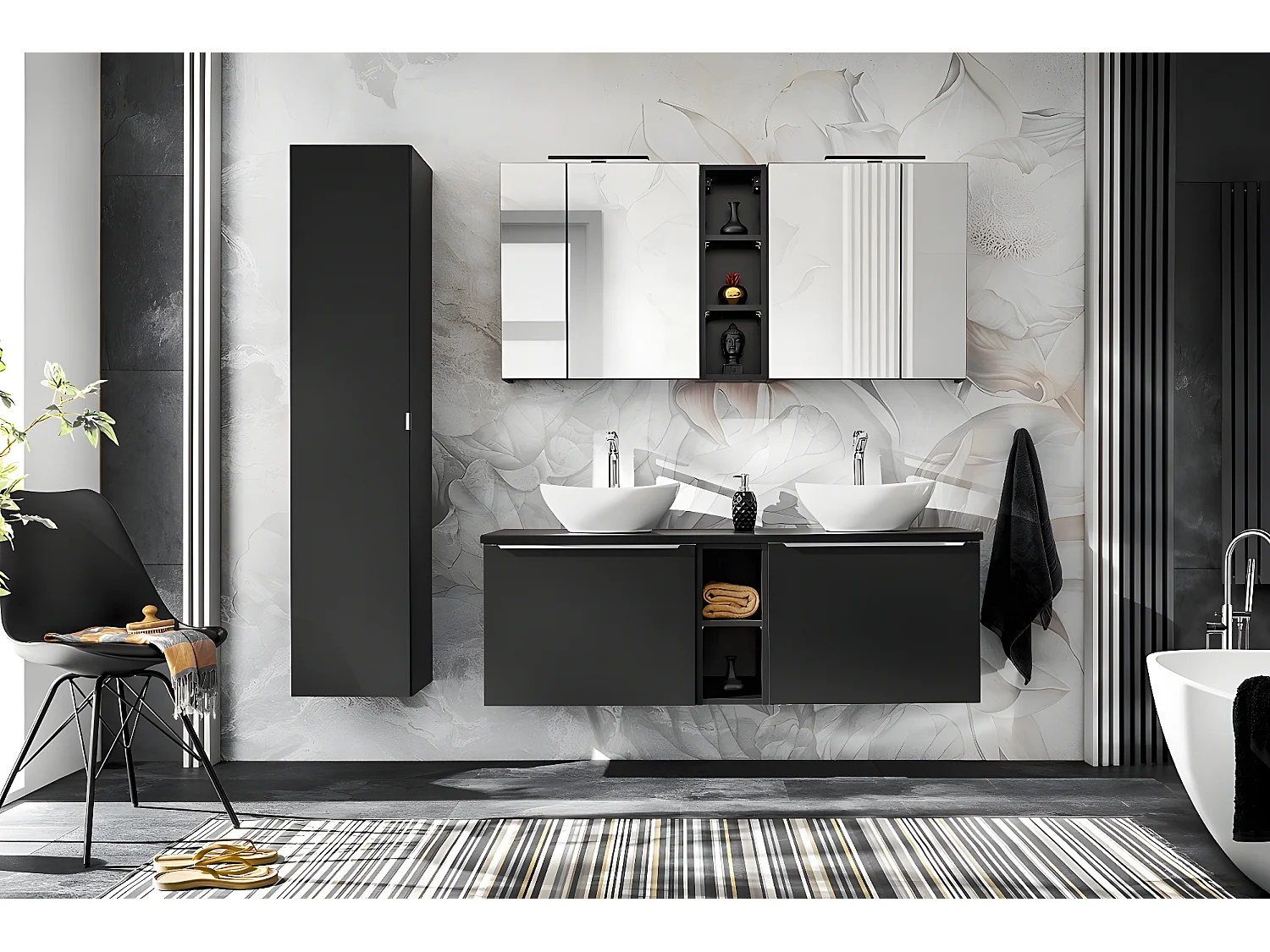 Armoire de salle de bain avec miroir murale - Noir - L60-H65-P17 - KLAUS