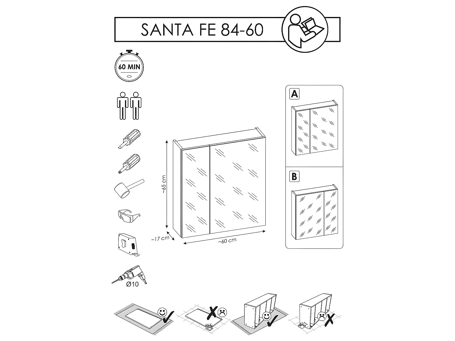 Armoire de salle de bain avec miroir murale - Noir - L60-H65-P17 - KLAUS