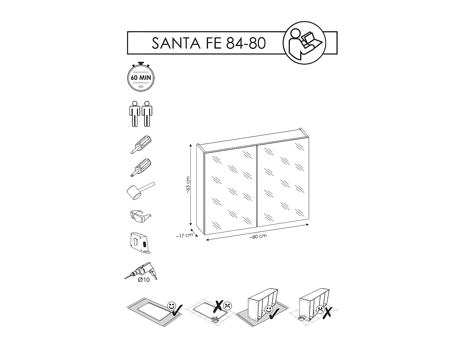 Armoire de salle de bain avec miroir murale - Noir - L80-H65-P17 - KLAUS