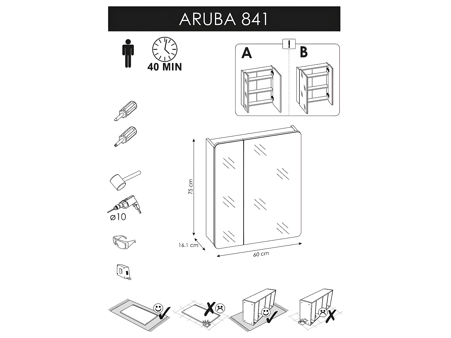 Armoire de salle de bain avec miroir murale - Chêne artisanal doré - L60-H75-P16 - ARRIBA