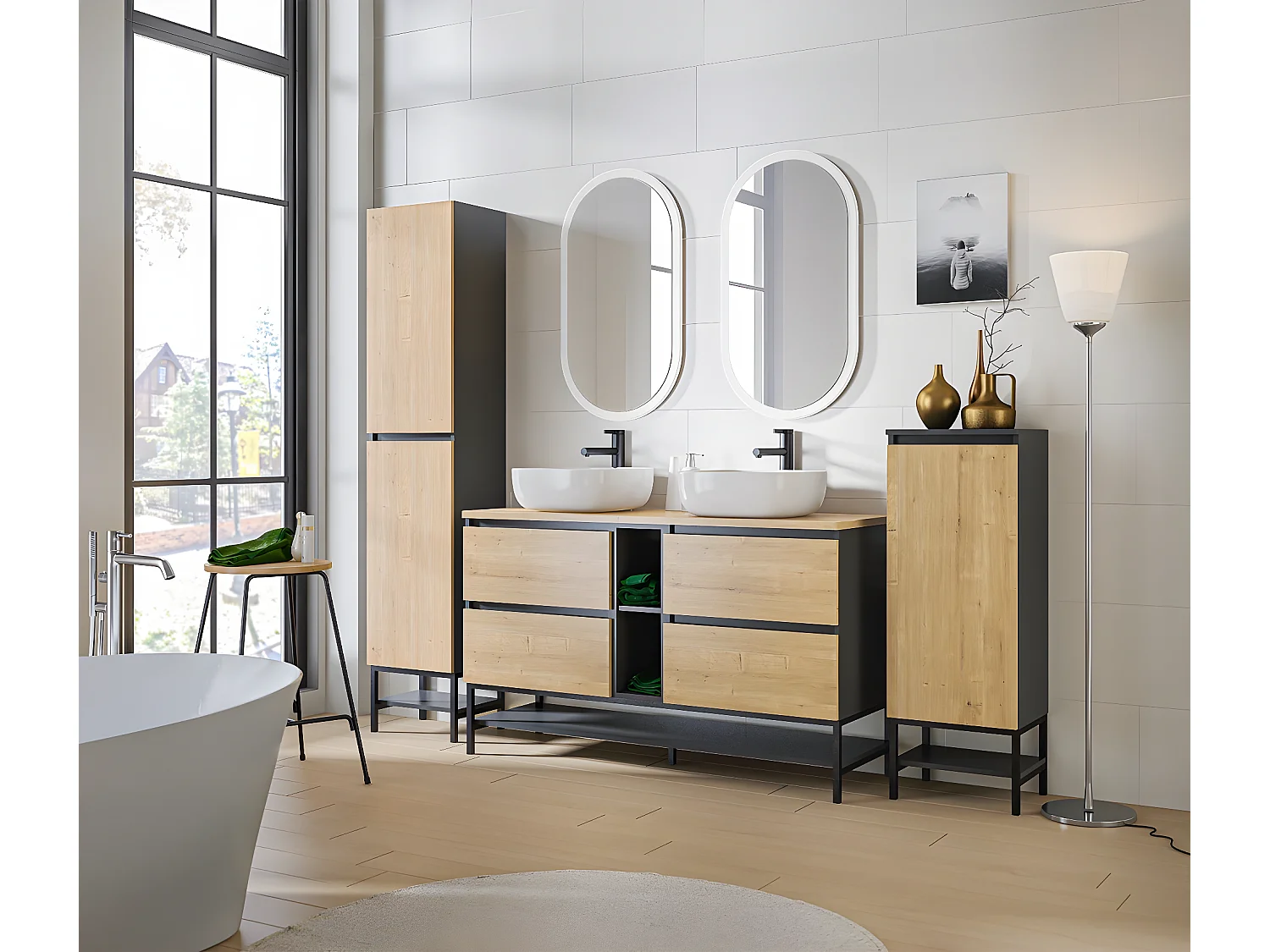 Meuble haut de salle de bain - Gris diamant et chêne hamilton - L40-H75-P16 - MARSEILLA