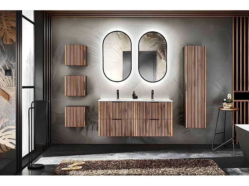 Meuble haut de salle de bain - Gris roche et chêne Wotan - L35-H35-P22 - LUXILO