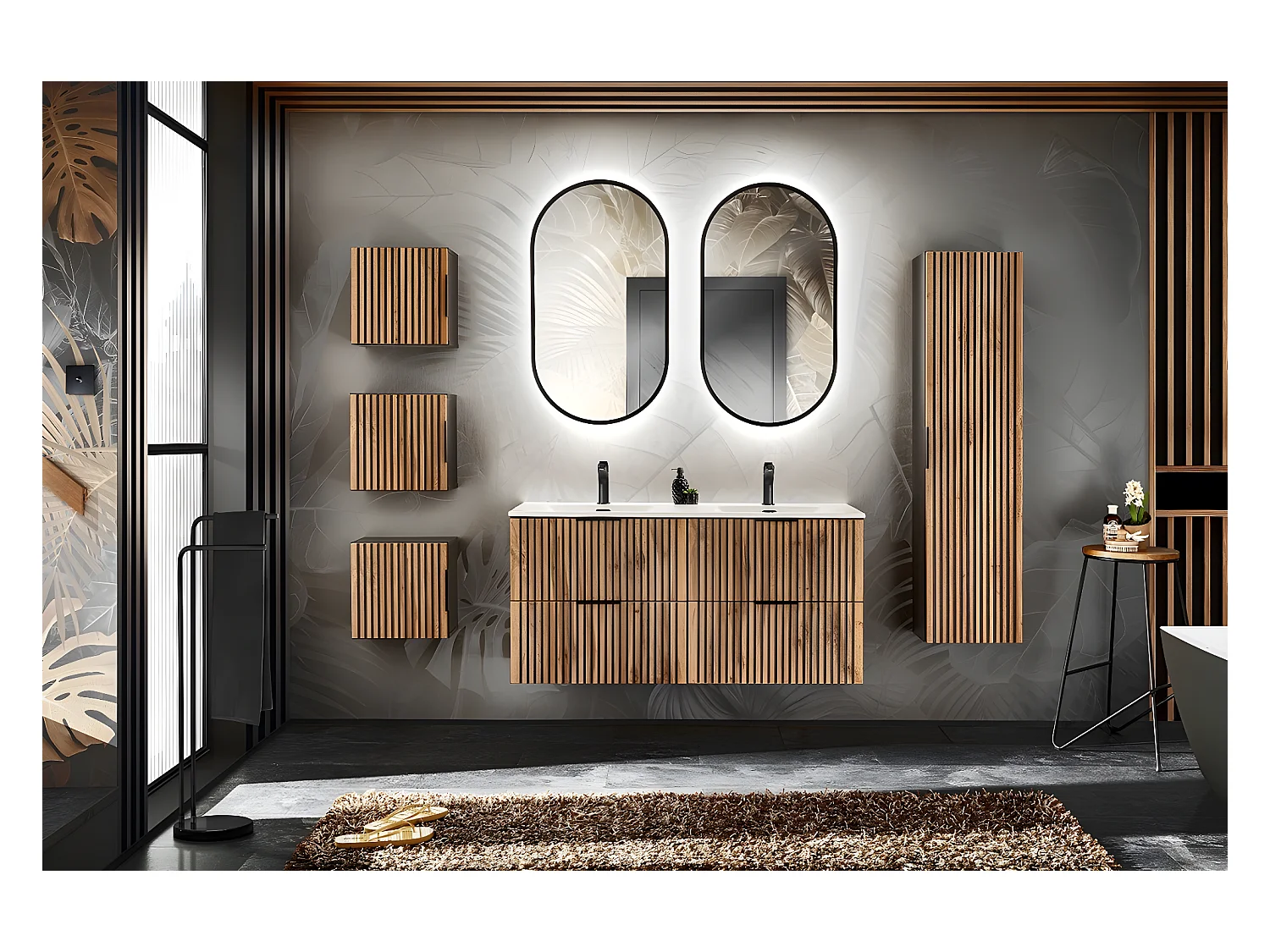 Meuble haut de salle de bain - Gris roche et chêne Wotan - L35-H35-P22 - LUXILO