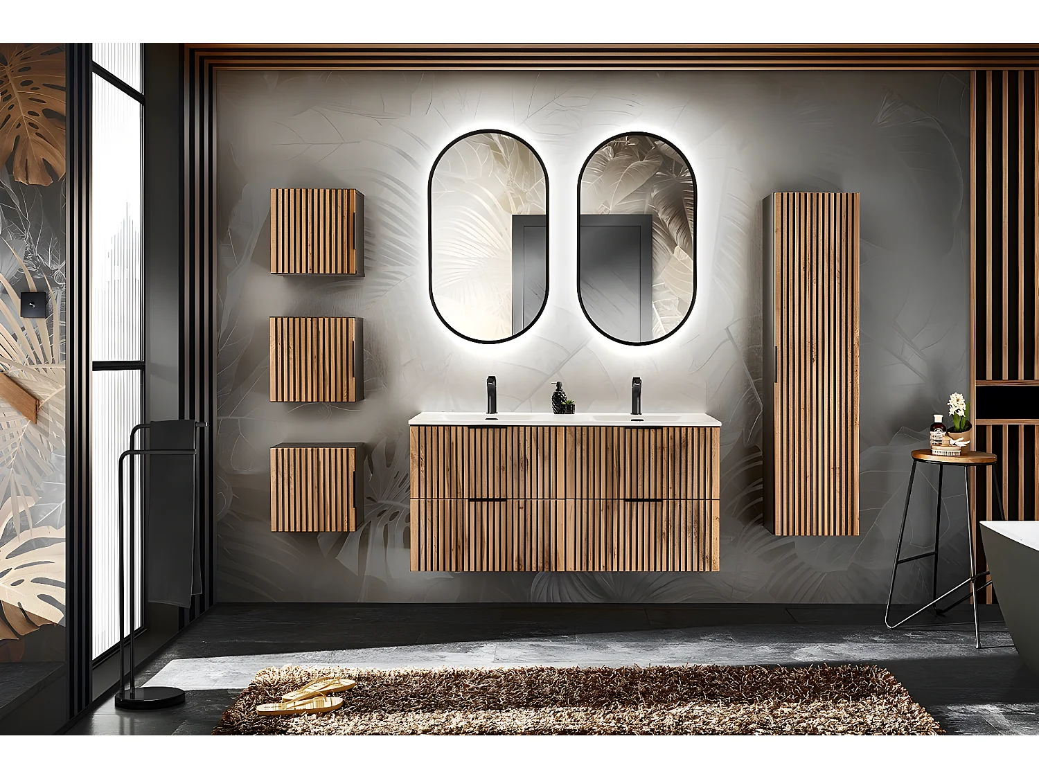 Meuble haut de salle de bain - Gris roche et chêne Wotan - L35-H35-P22 - LUXILO