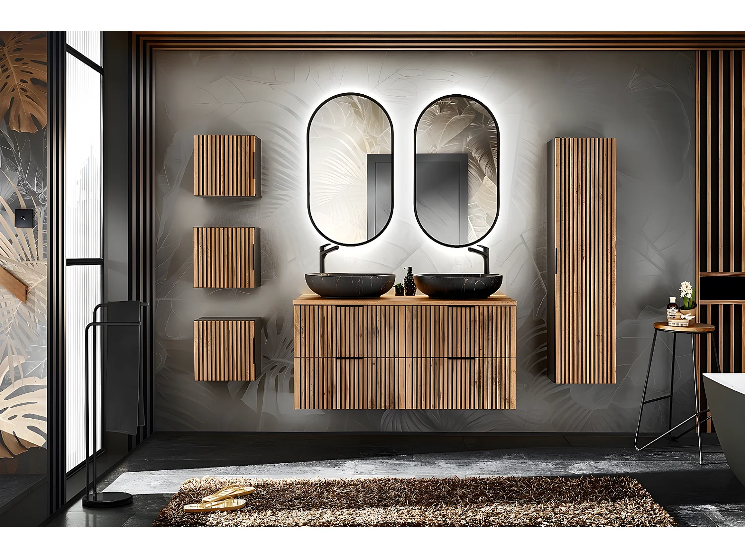 Colonne de salle de bain - Gris roche et chêne Wotan - L35-H140-P25 - LUXILO