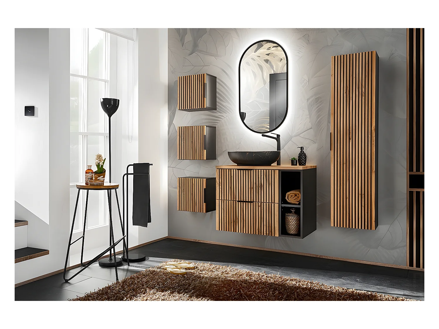 Cube de rangement de salle de bain - Chêne Wotan - L20-H57-P46 - LUXILO