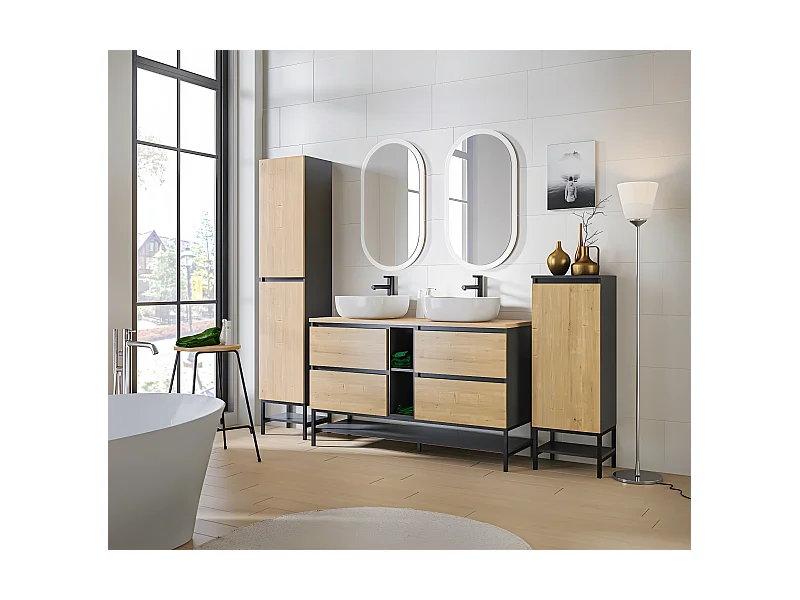 Meuble bas de salle de bain avec panier à linge inclus  - Gris diamant et chêne hamilton - L40-H87-P33 - MARSEILLA