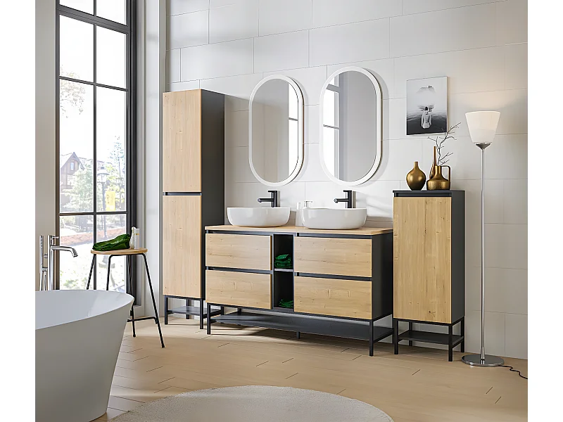 Meuble bas de salle de bain avec panier à linge inclus  - Gris diamant et chêne hamilton - L40-H87-P33 - MARSEILLA