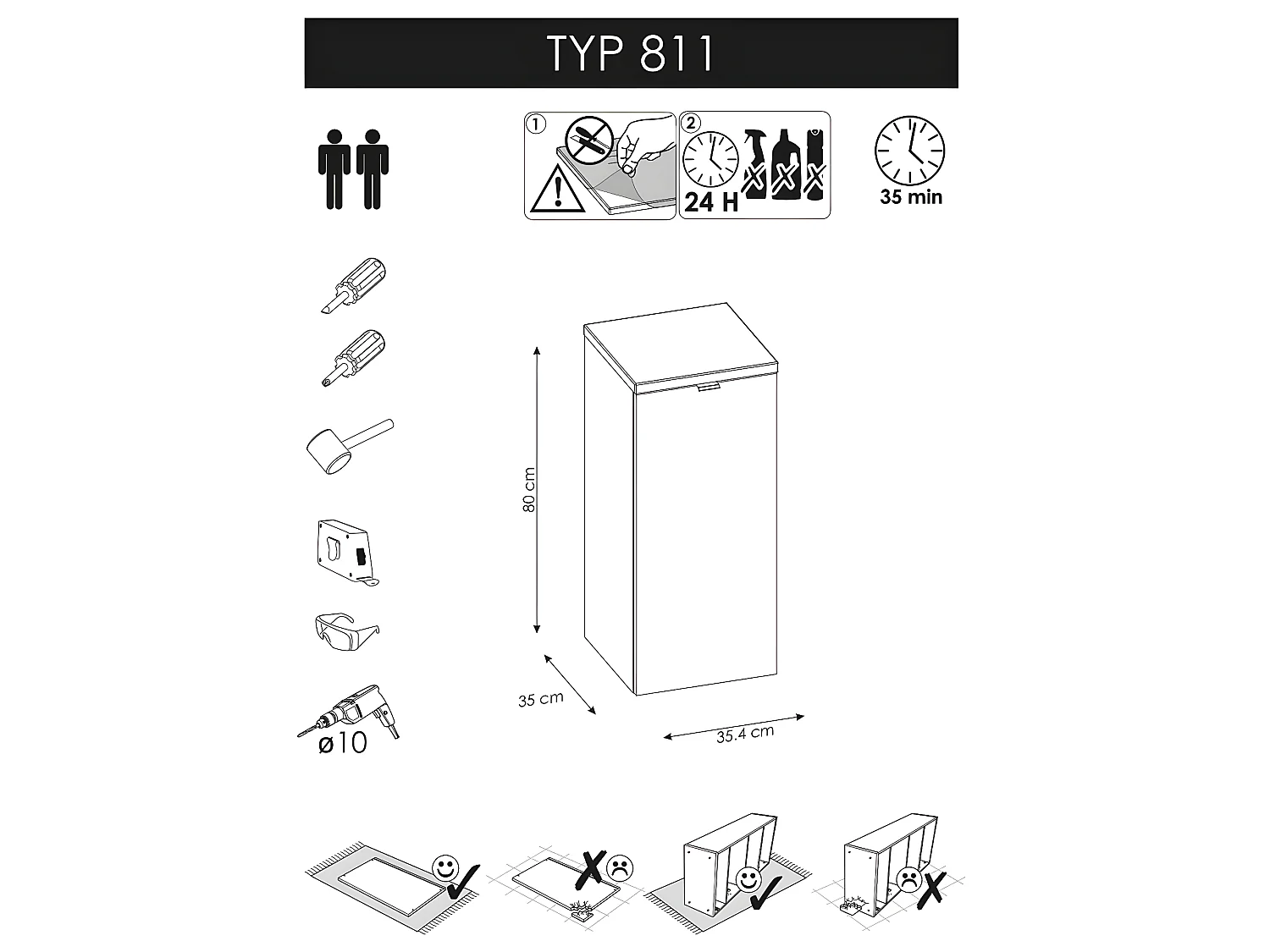 Meuble bas de salle de bain avec panier à linge inclus  - Chêne artisanal doré et blanc brillant - L35-H80-P35 - ELENA