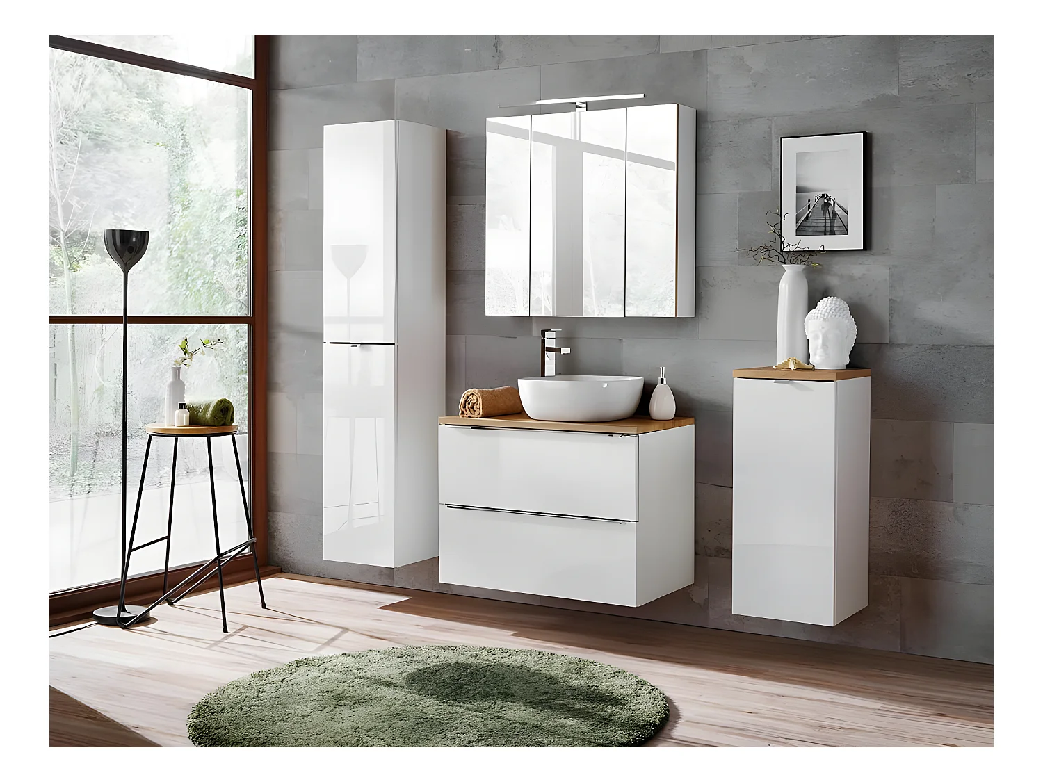 Meuble bas de salle de bain avec panier à linge inclus  - Chêne artisanal doré et blanc brillant - L35-H80-P35 - ELENA