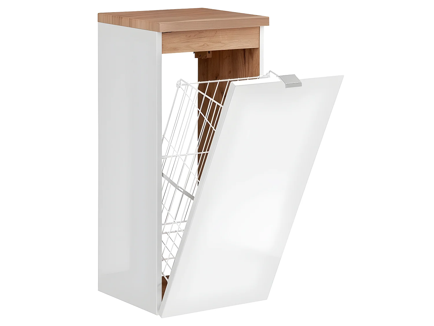 Meuble bas de salle de bain avec panier à linge inclus  - Chêne artisanal doré et blanc brillant - L35-H80-P35 - ELENA