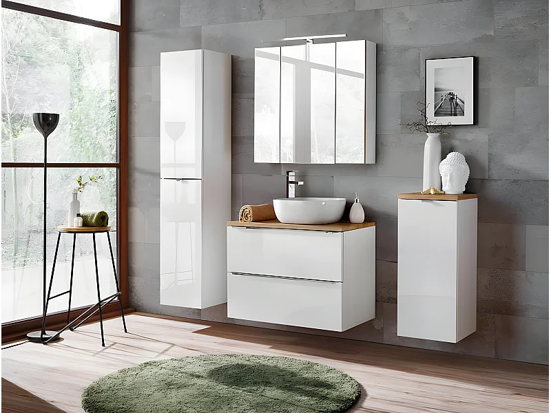 Caisson meuble bas de salle de bain - Chêne artisanal doré et blanc brillant - L20-H57-P44 - ELENA