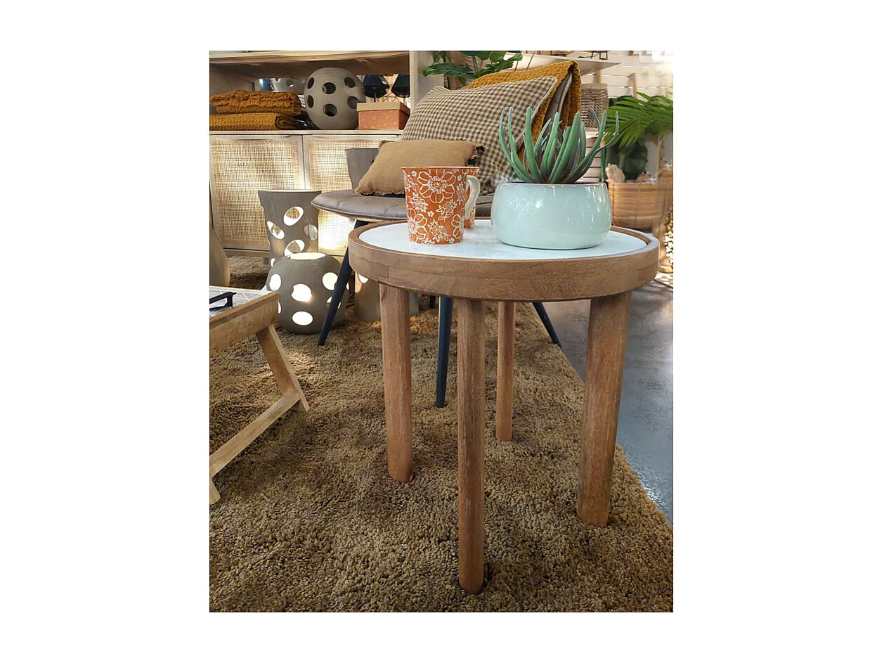Table d'appoint ronde D. 40 cm en bois de manguier et marbre - AVRIL