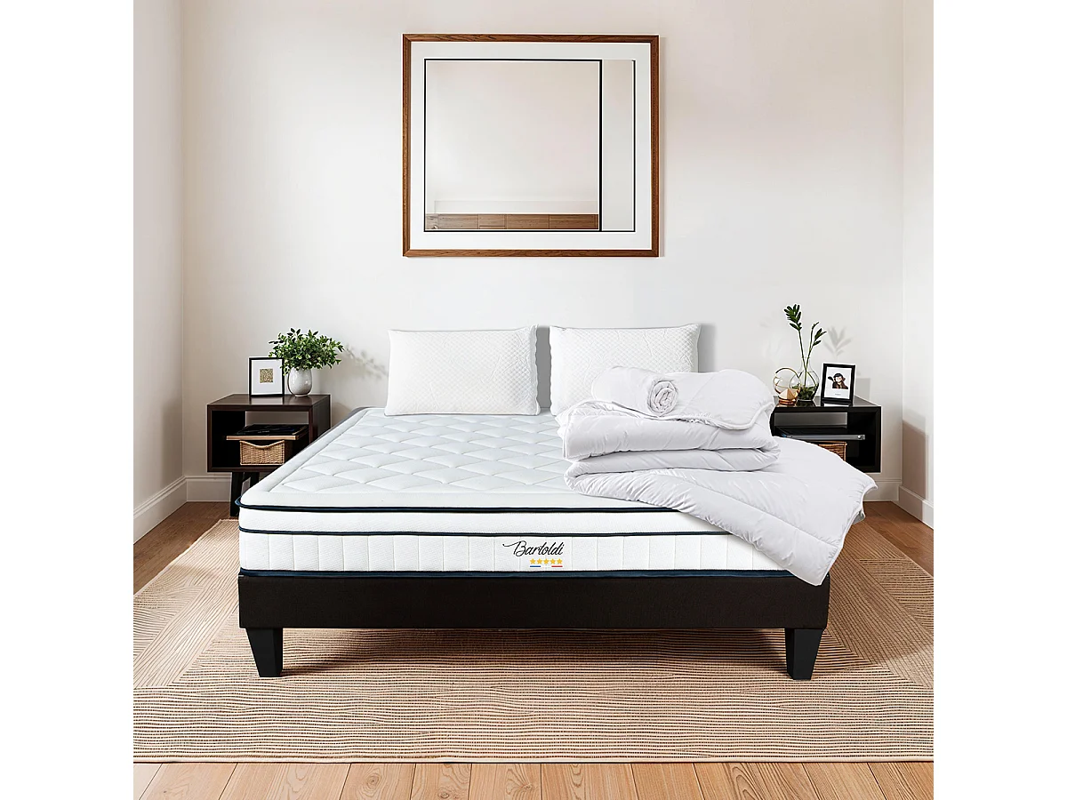 BELLECOUR LITERIE | Pack Prêt à dormir BARTOLDI 140x200 cm | Matelas Ressorts ensachés + Sommier + Accessoires