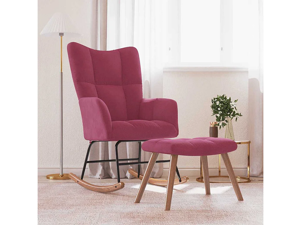 Silla mecedora con reposapiés terciopelo rojo tinto
