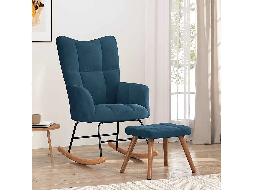 Chaise à bascule avec tabouret en velours bleu