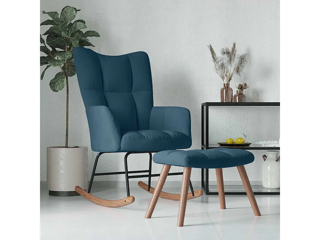 Chaise à bascule avec tabouret en velours bleu