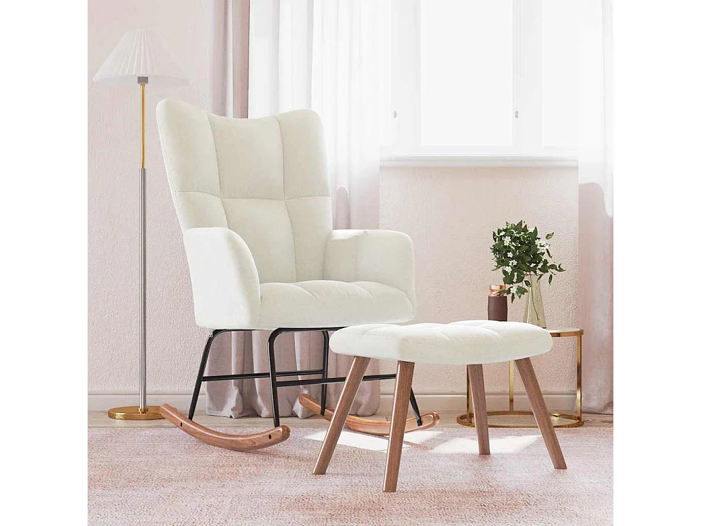 Chaise à bascule avec repose-pied Blanc crème Velours