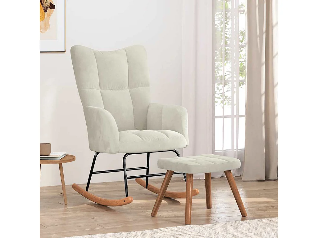Silla mecedora con reposapiés terciopelo crema