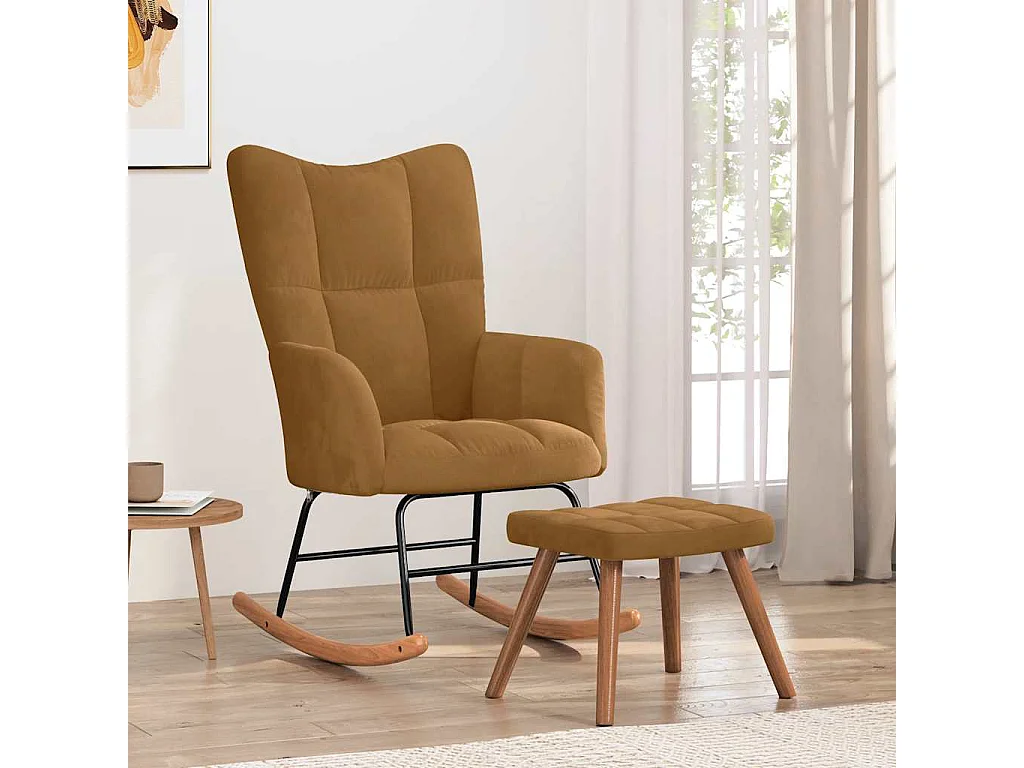 Chaise à bascule avec tabouret en velours marron