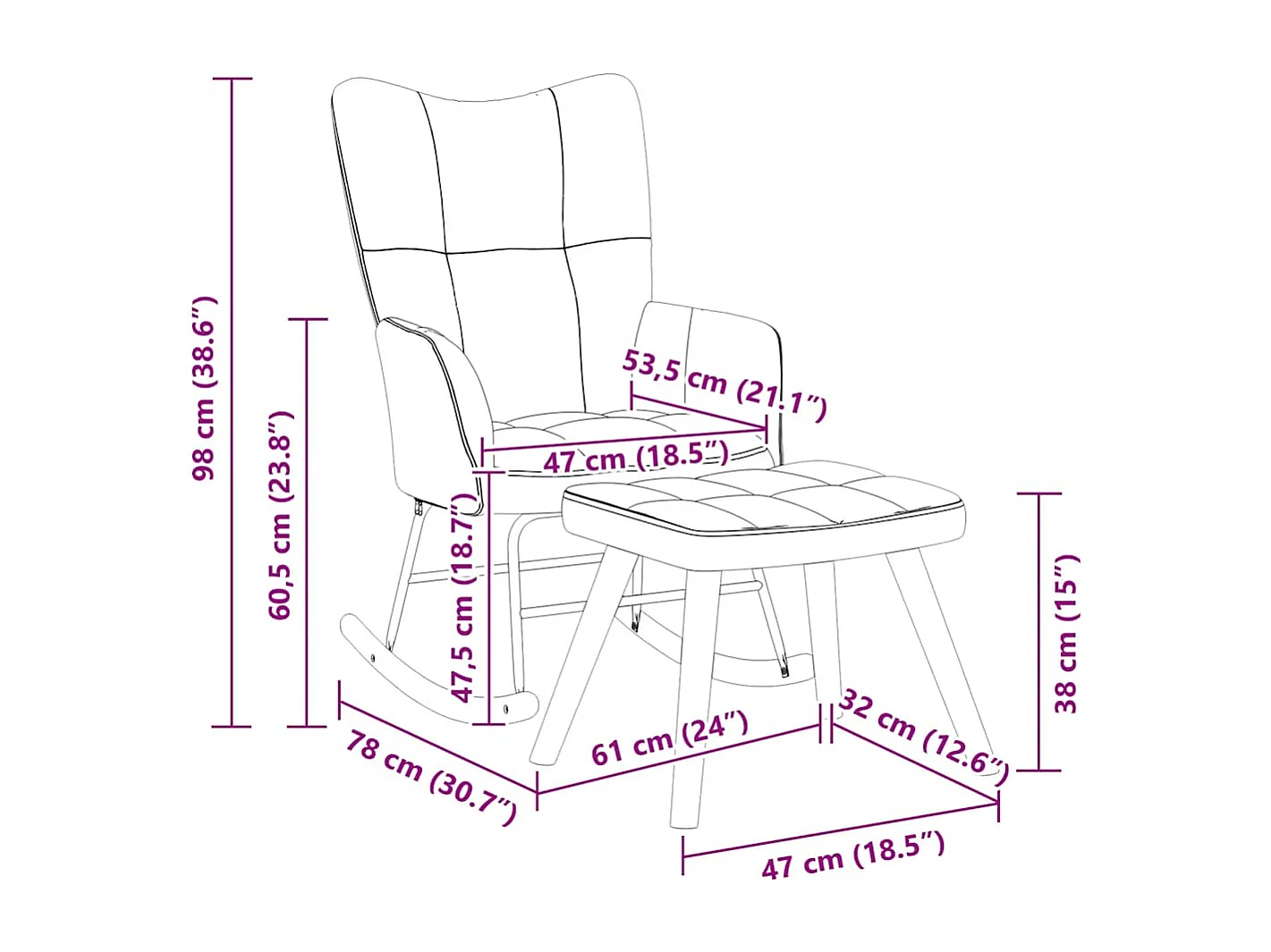 Chaise à bascule avec tabouret en velours marron