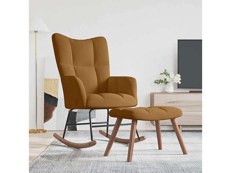 Schommelstoel met kruk bruin fluweel