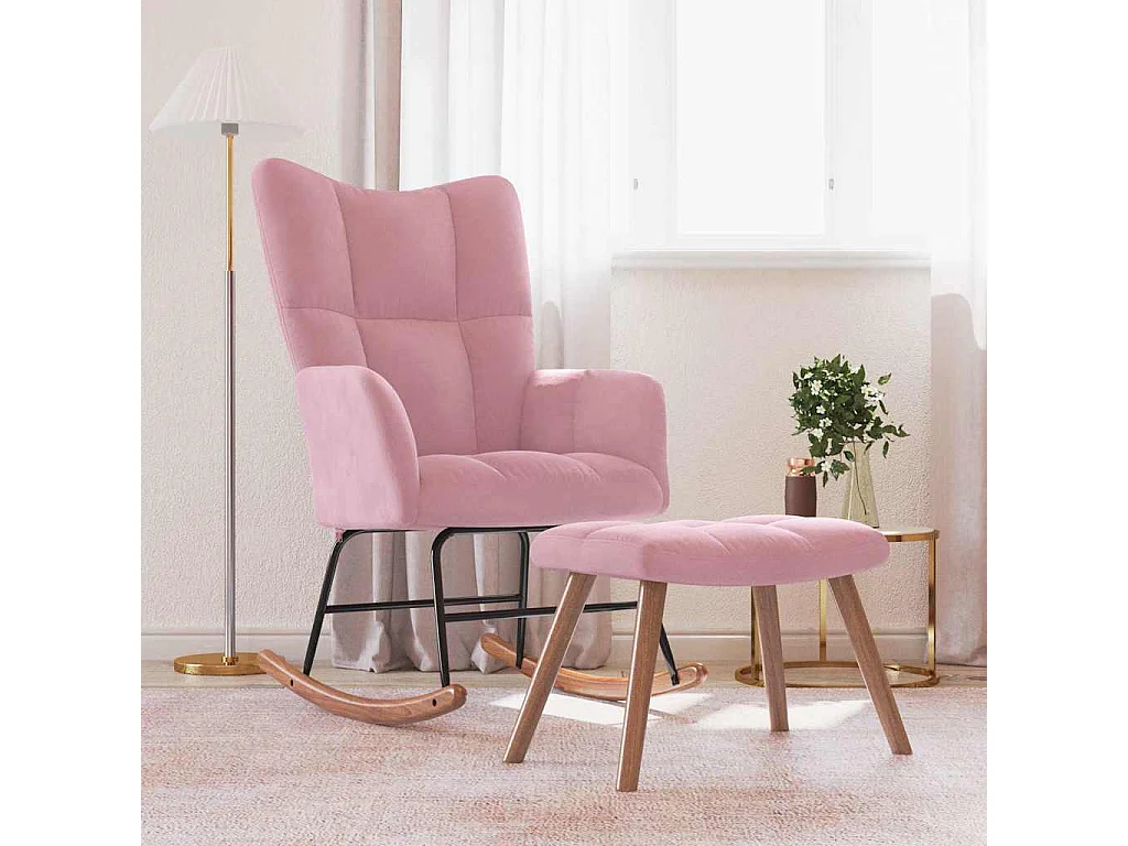 Silla mecedora con reposapiés terciopelo rosa