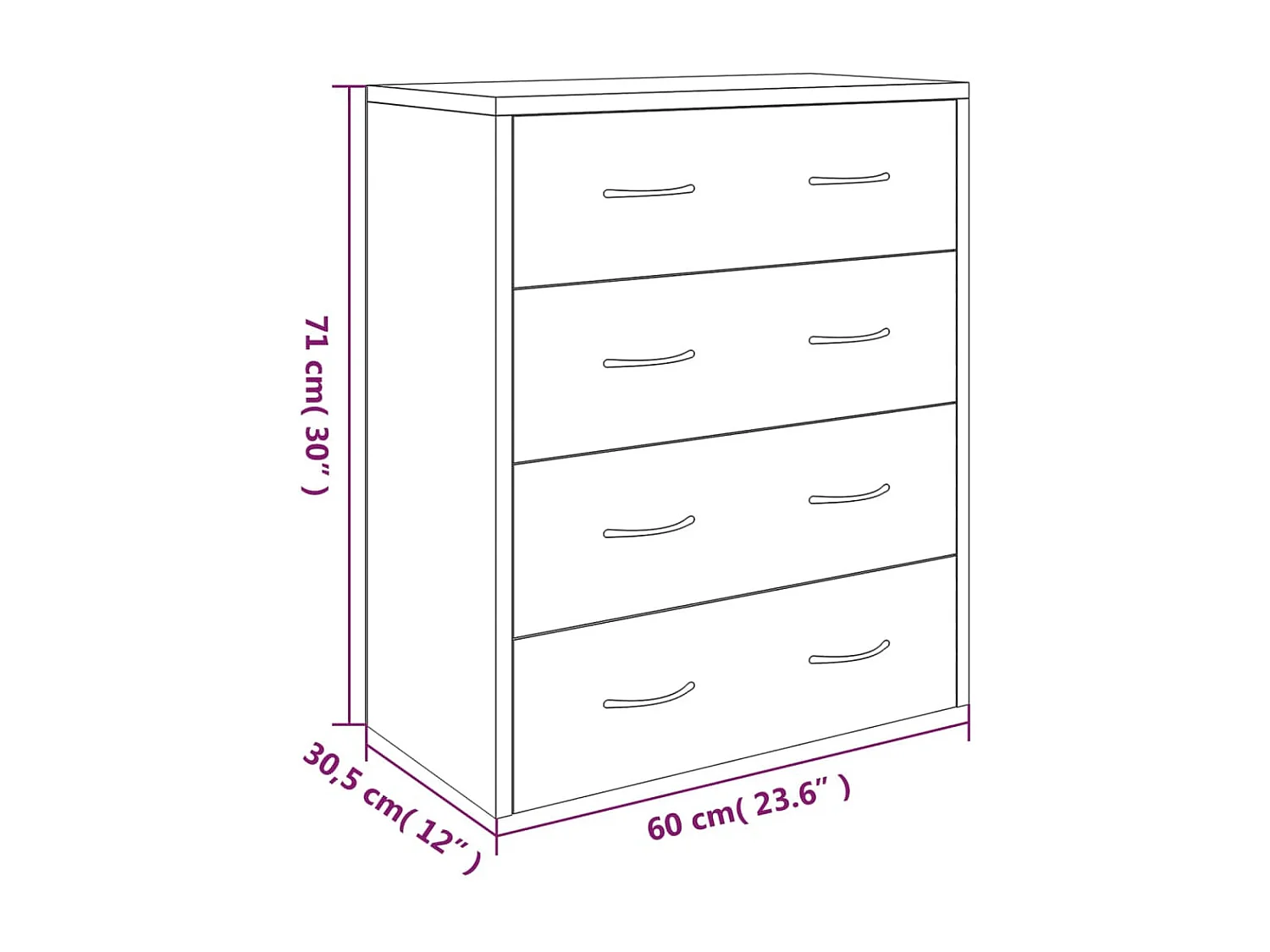 Kommode mit 4 Schubladen 60x30,5x71 cm Hochglanz-Weiß