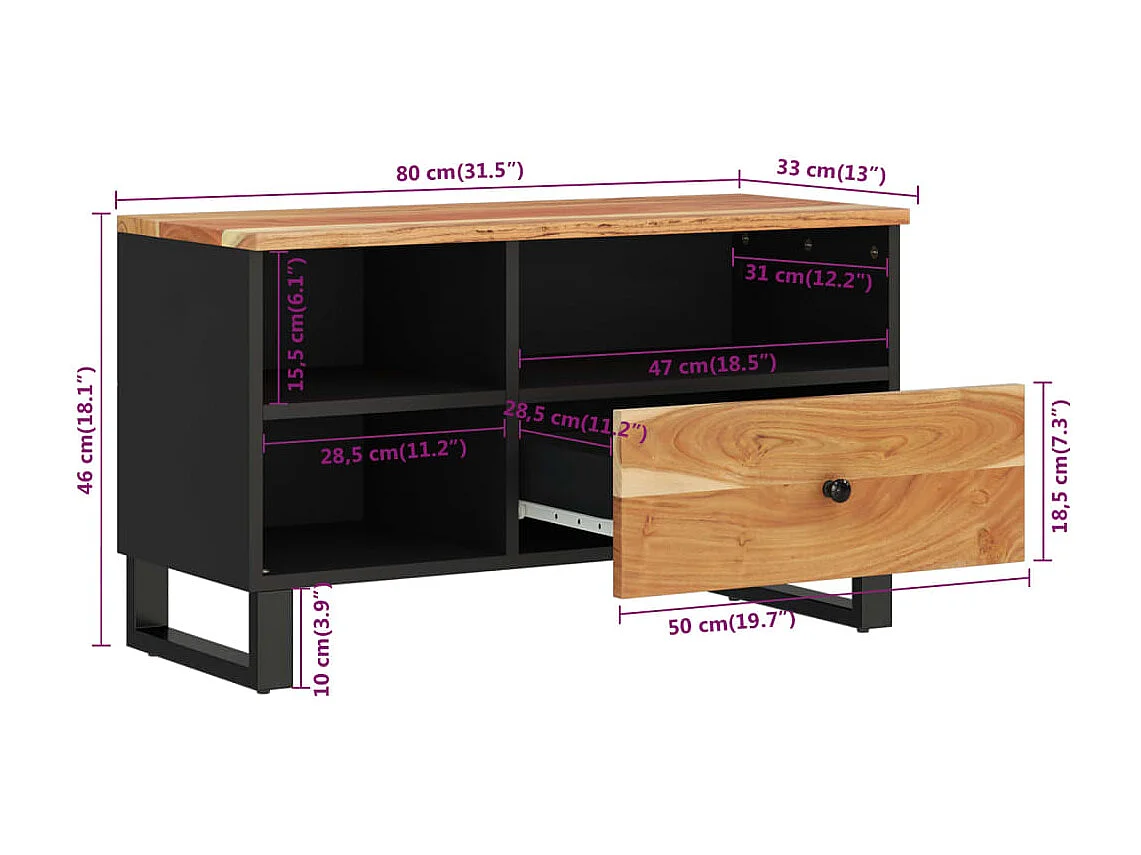 Mobile TV 80x33x46cm Legno Massello Acacia e Legno Multistrato