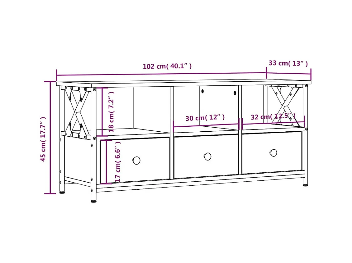 Meuble TV chêne marron 102x33x45 cm bois d'ingénierie et fer