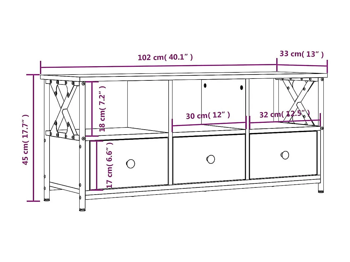 Tv-meubel 102x33x45 cm bewerkt hout en ijzer bruin eikenkleur