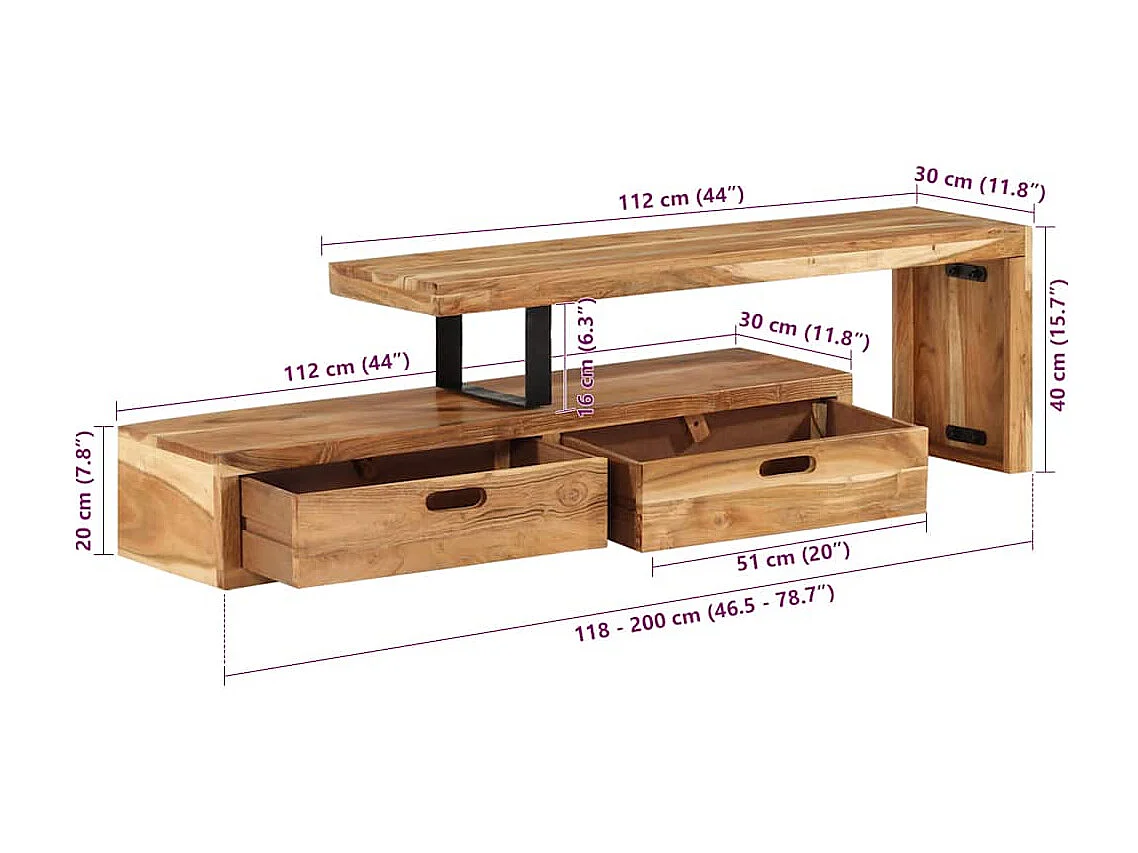 Tv-meubel (118-200) x 30 x 40 cm massief acaciahout