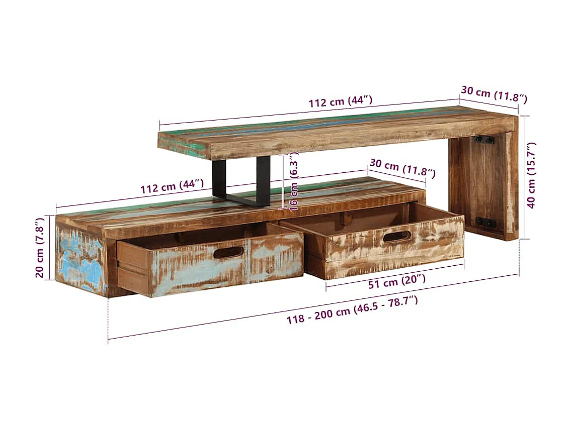 TV-Ständer (118-200) x 30 x 40 cm Massivholz Altholz