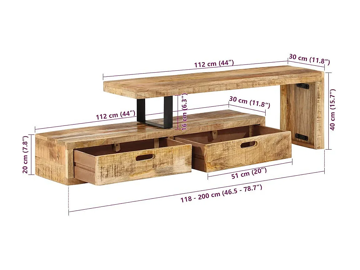 Meuble TV (118-200) x 30 x 40 cm en bois massif de manguier
