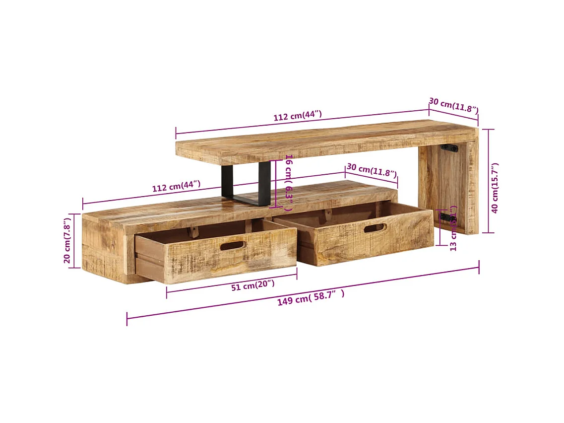 TV-Ständer (118–200) x 30 x 40 cm Massivholz Mango