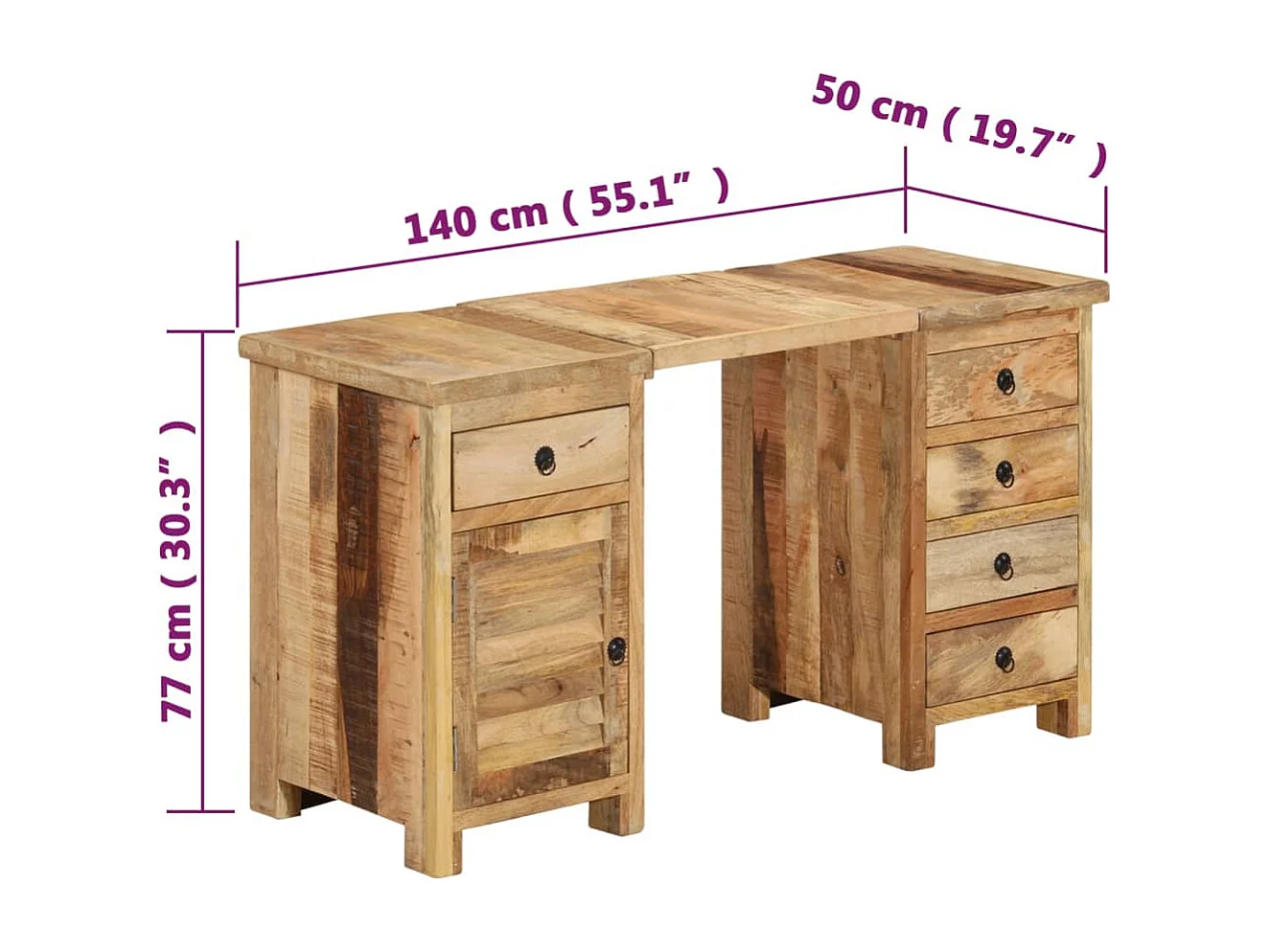 Scrivania a Colonna in Legno Massello di Mango 140x50x77 cm