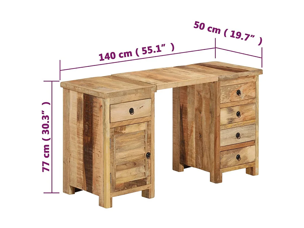 Scrivania a Colonna in Legno Massello di Mango 140x50x77 cm