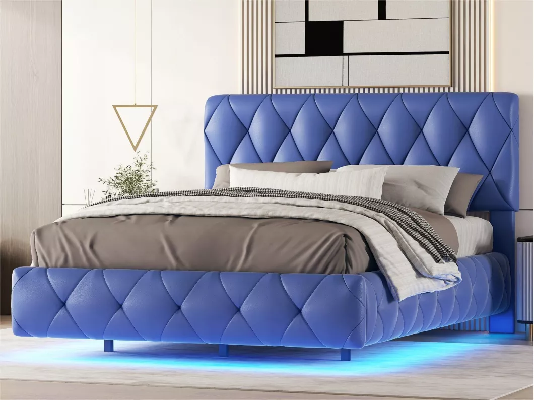 Kauf Unique Gepolstertes Doppelbett 140 x 200 cm mit LED an der Unterseite des Bettes – Blau